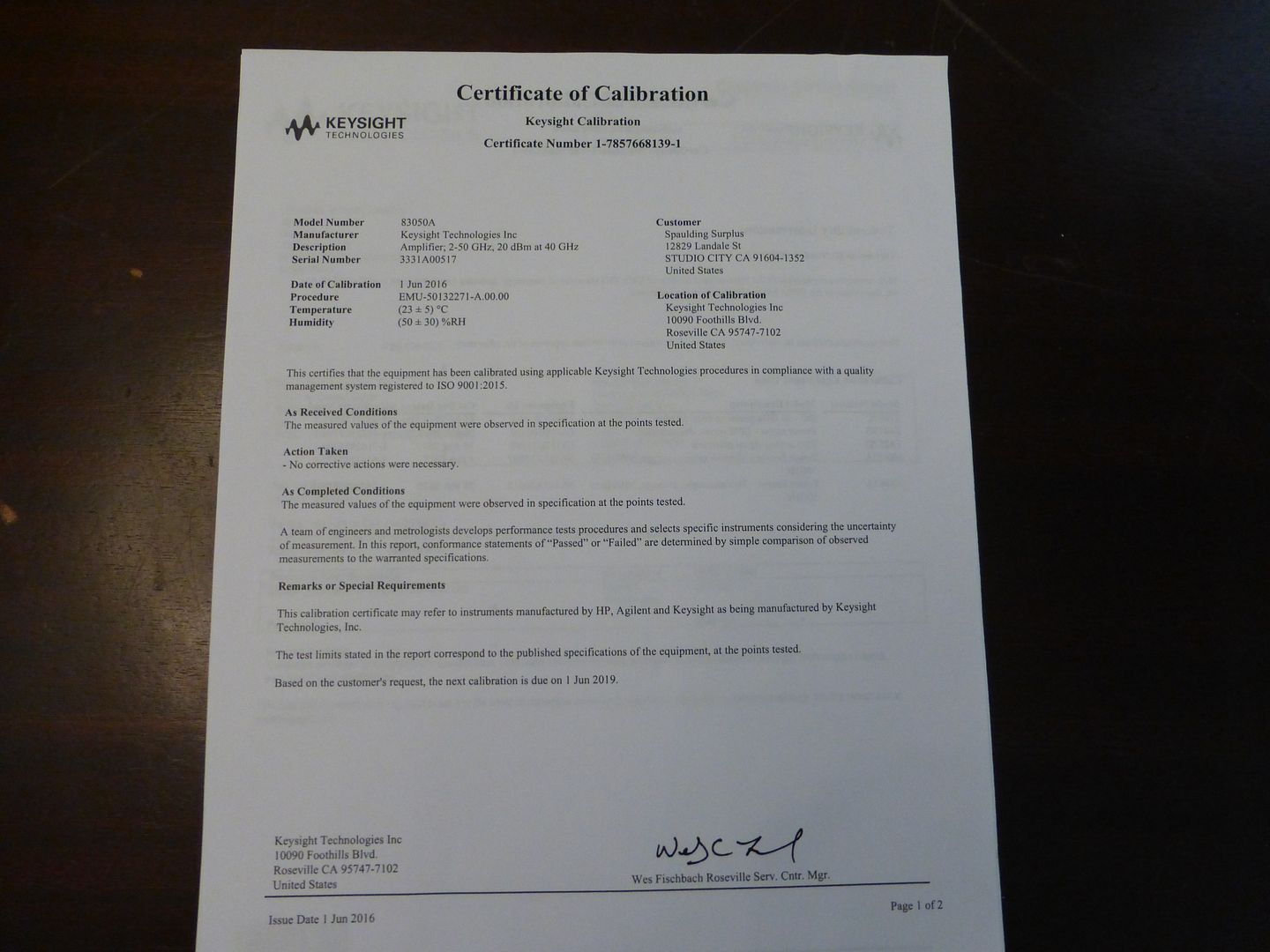 Keysight Calibration Certificate Master of Documents
